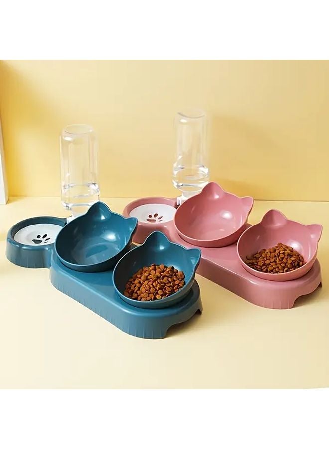 Deep Blue 3 In 1 Tilted Cat Bowl With Gravity Water Dispenser For Neck Protection - Image 1